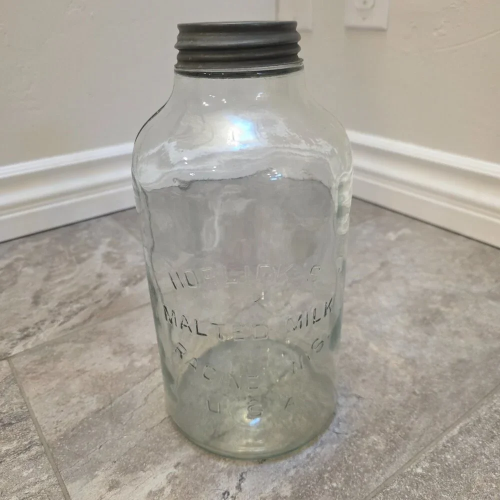 Vintage Horlick's Malted Milk, Racine USA Glass Jar 12in high with lid